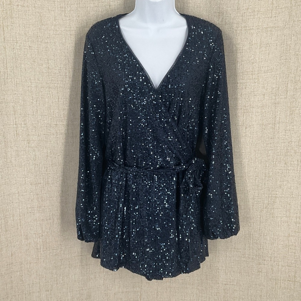 Free People Romper Womens Small Navy Sequin Wrap Party Glam Date Night Sparkly